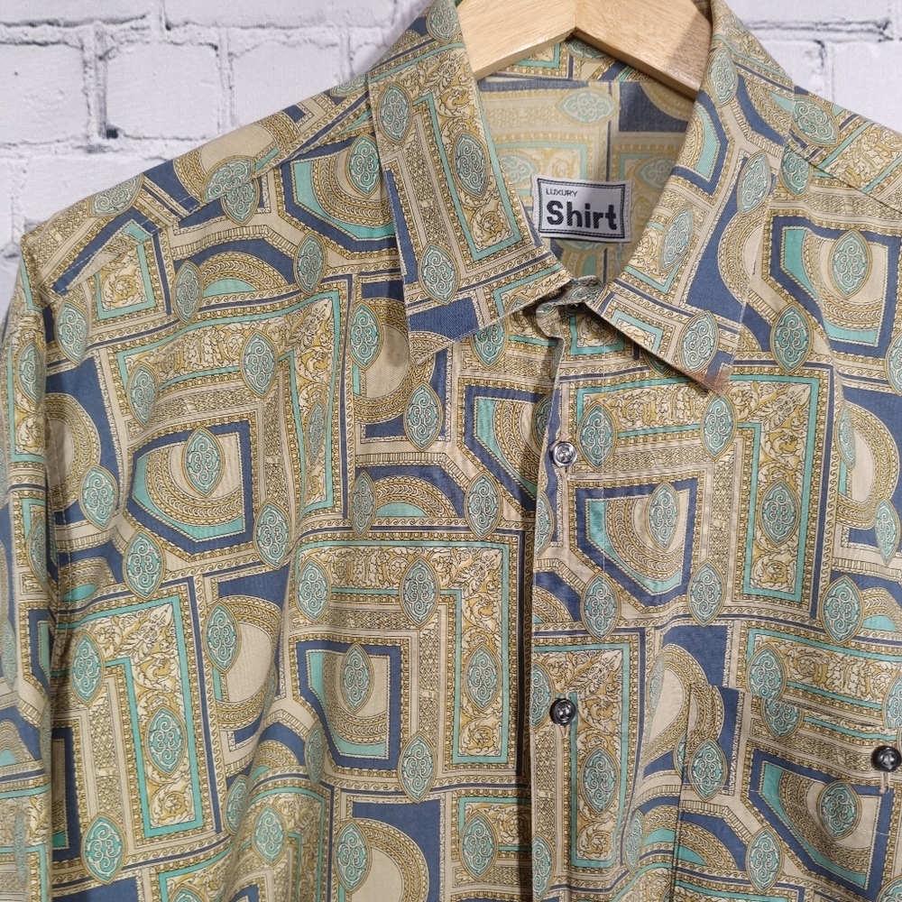 Vintage Renaissance Style Patterned Blue/Green XL Mens Short-sleeved Shirt - Picture 1 of 6